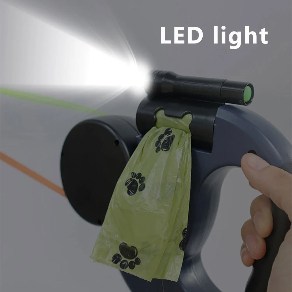 M&B LuxTouch Retractable Dual Dog Leash with LED Light – 360° No-Tangle Swivel, Independent Brake, 3M Reflective Leads