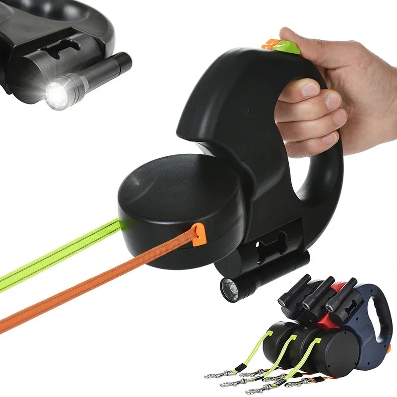 M&B LuxTouch Retractable Dual Dog Leash with LED Light – 360° No-Tangle Swivel, Independent Brake, 3M Reflective Leads