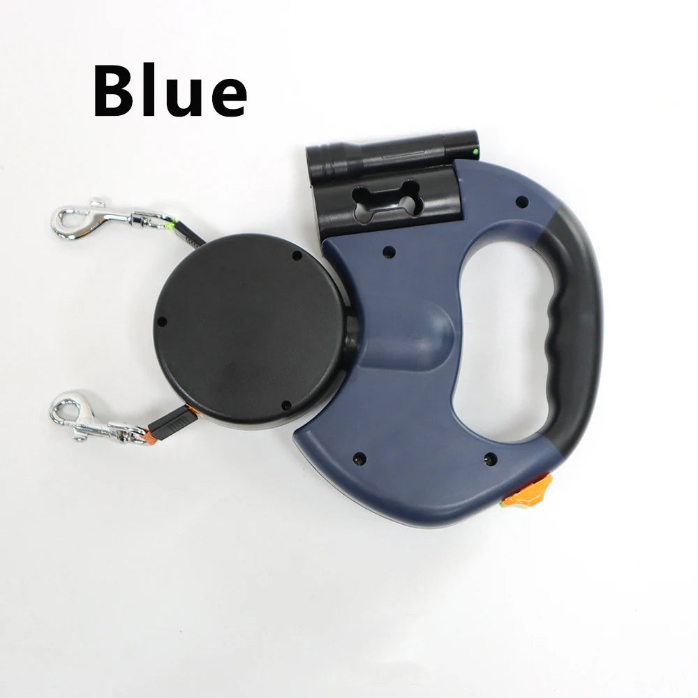 M&B LuxTouch Retractable Dual Dog Leash with LED Light – 360° No-Tangle Swivel, Independent Brake, 3M Reflective Leads