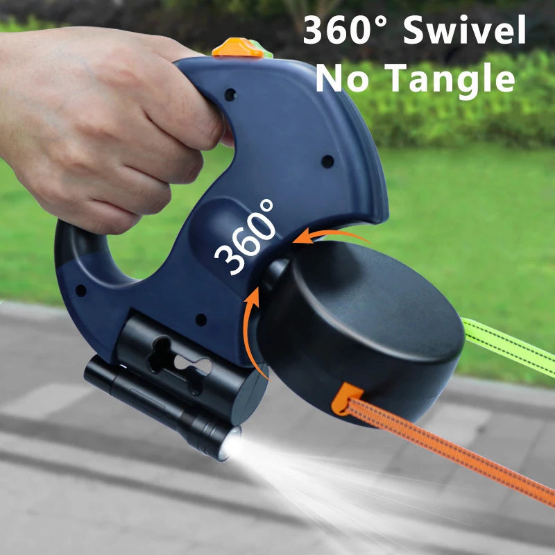 M&B LuxTouch Retractable Dual Dog Leash with LED Light – 360° No-Tangle Swivel, Independent Brake, 3M Reflective Leads