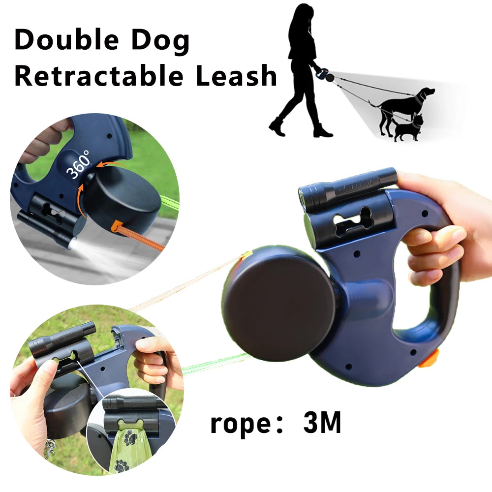 M&B LuxTouch Retractable Dual Dog Leash with LED Light – 360° No-Tangle Swivel, Independent Brake, 3M Reflective Leads